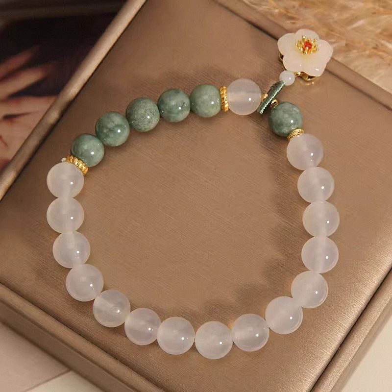 White Jade & Green Jade Beaded Bracelet with Plum Blossom Charm