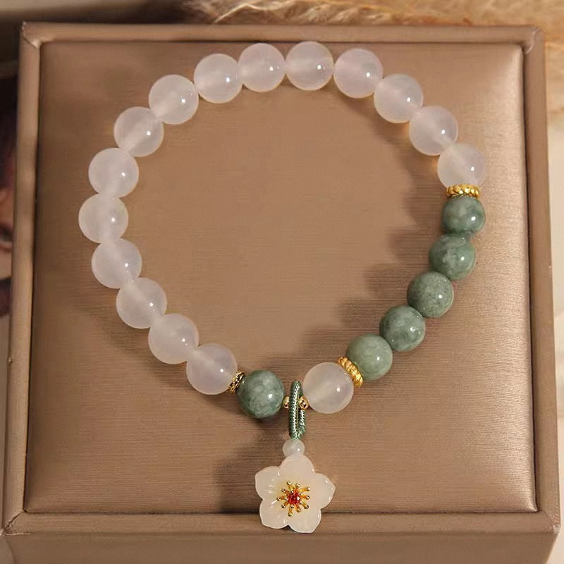 White Jade & Green Jade Beaded Bracelet with Plum Blossom Charm
