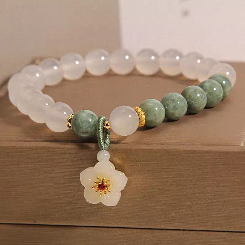 White Jade & Green Jade Beaded Bracelet with Plum Blossom Charm