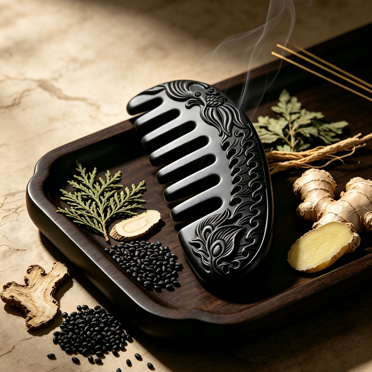 Oriental Engraved Phoenix Herbal Hair Comb