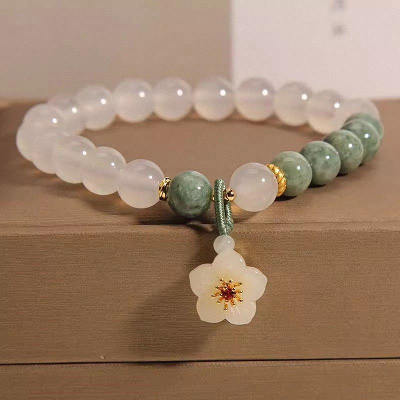 White Jade & Green Jade Beaded Bracelet with Plum Blossom Charm