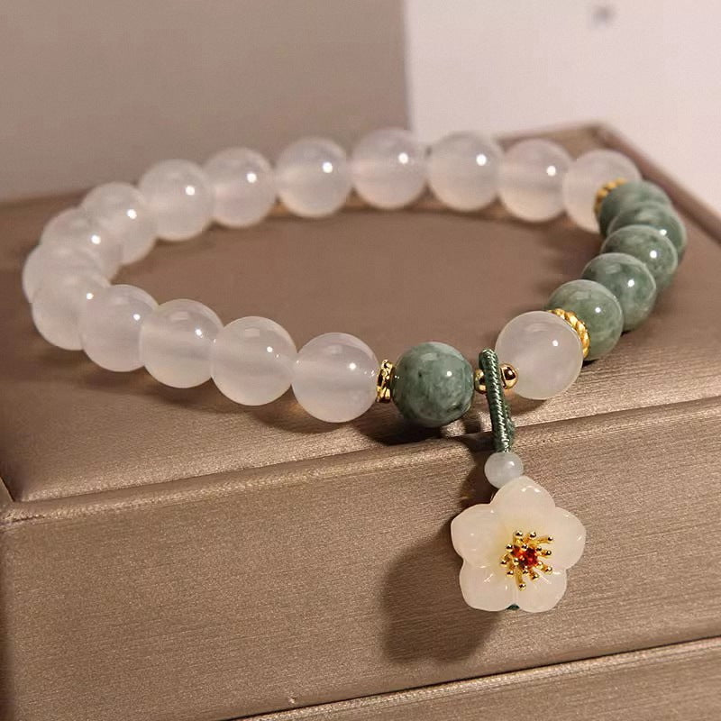 White Jade & Green Jade Beaded Bracelet with Plum Blossom Charm